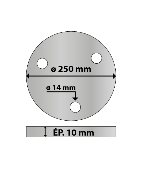 Platine ronde en acier ø 250 mm ép. 10 mm 3 trous 14 mm