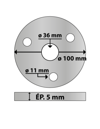 Platine ronde en acier ø 100 mm ép. 5 mm 3 trous 11 mm et trou central rond 36 mm