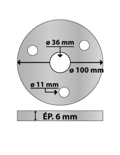 Platine ronde en acier ø 100 mm ép. 6 mm 3 trous 11 mm et trou central rond 36 mm 2