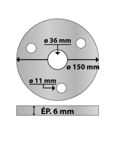Platine ronde en acier ø 150 mm ép. 6 mm 3 trous 11 mm et trou central rond 36 mm 2