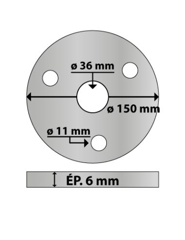 Platine ronde en acier ø 150 mm ép. 6 mm 3 trous 11 mm et trou central rond 36 mm