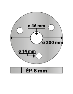 Platine ronde en acier ø 200 mm ép. 8 mm 3 trous 14 mm et trou central rond 46 mm 2