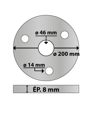 Platine ronde en acier ø 200 mm ép. 8 mm 3 trous 14 mm et trou central rond 46 mm
