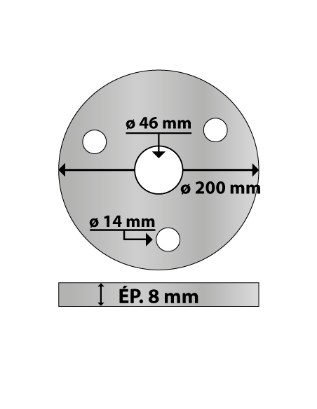 Platine ronde en acier ø 200 mm ép. 8 mm 3 trous 14 mm et trou central rond 46 mm