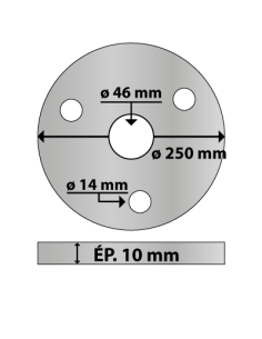 Platine ronde en acier ø 250 mm ép. 10 mm 3 trous 14 mm et trou central rond 46 mm 2