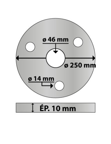 Platine ronde en acier ø 250 mm ép. 10 mm 3 trous 14 mm et trou central rond 46 mm