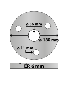 Platine ronde en acier ø 180 mm ép. 6 mm 3 trous 11 mm et trou central rond 36 mm 2