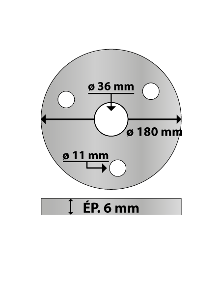 Platine ronde en acier ø 180 mm ép. 6 mm 3 trous 11 mm et trou central rond 36 mm