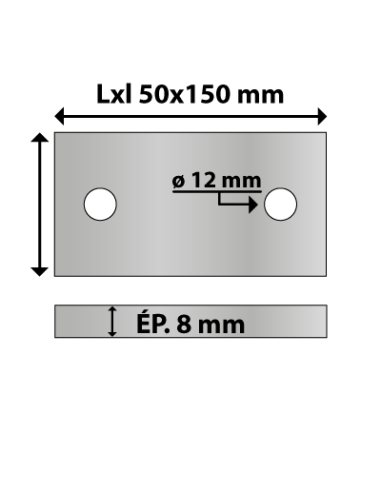Platine rectangulaire en acier deux trous 50x150 ép. 8 mm ø trou 12 mm