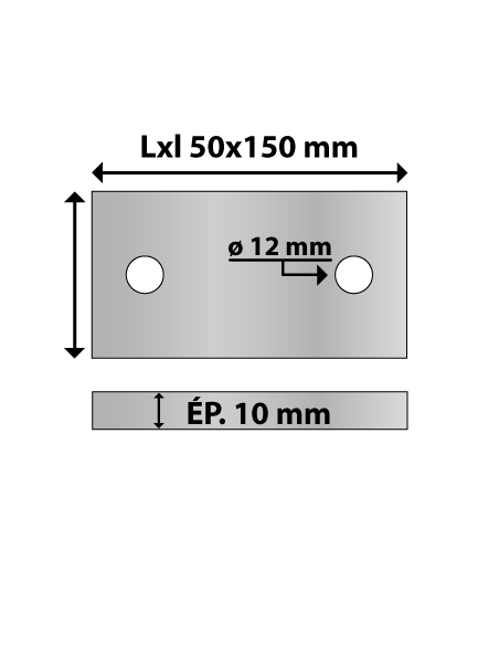 Platine rectangulaire en acier deux trous 50x150 ép. 10 mm ø trou 12 mm
