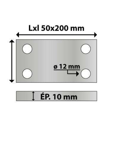 Platine rectangulaire en acier 4 trous 50x200 ép. 10 mm ø trou 12 mm