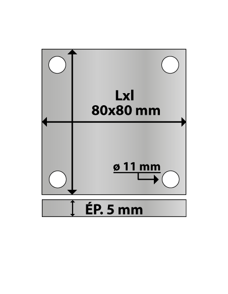 Platine carrée en acier 4 trous 80x80 ép. 5 mm ø trou 11 mm