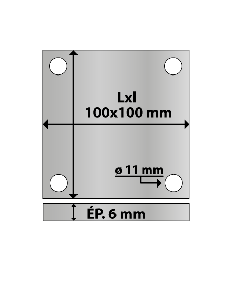 Platine carrée en acier 4 trous 100x100 ép. 6 mm ø trou 11 mm