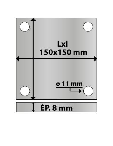 Platine carrée en acier 4 trous 150x150 ép. 8 mm ø trou 11 mm
