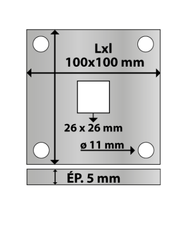 Platine carrée en acier 100x100 mm ép. 5 mm 4 trous 11 mm et trou central carré 26x26 mm