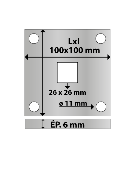 Platine carrée en acier 100x100 mm ép. 6 mm 4 trous 11 mm et trou central carré 26x26 mm