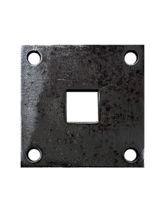 Platine carrée en acier 100x100 mm ép. 6 mm 4 trous 11 mm et trou central carré 26x26 mm