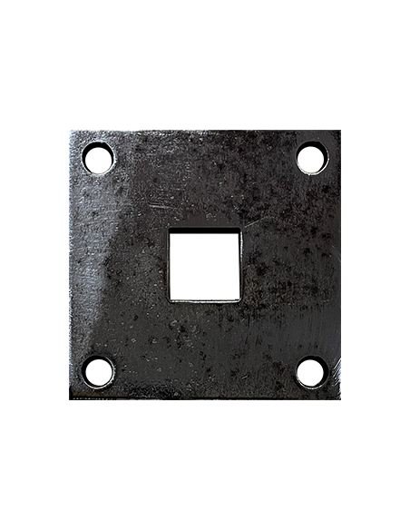 Platine carrée en acier 100x100 mm ép. 20 mm 4 trous 22 mm et trou central carré 46x46 mm