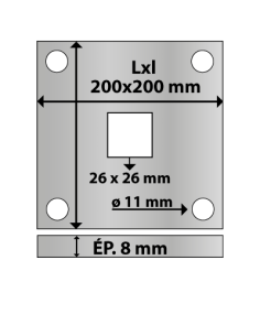 Platine carrée en acier 200x200 mm ép. 8 mm 4 trous 11 mm et trou central carré 26x26 mm 2