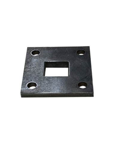Platine carrée en acier 200x200 mm ép. 15 mm 4 trous 18 mm et trou central carré 36x36 mm