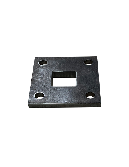 Platine carrée en acier 250x250 mm ép. 20 mm 4 trous 22 mm et trou central carré 46x46 mm
