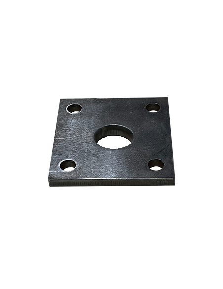 Platine carrée en acier 100x100 mm ép. 5 mm 4 trous 11 mm et trou central rond ø26 mm