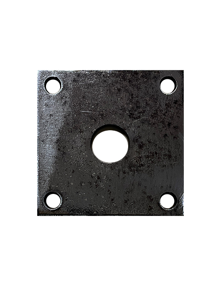 Platine carrée en acier 100x100 mm ép. 20 mm 4 trous 22 mm et trou central rond ø26 mm