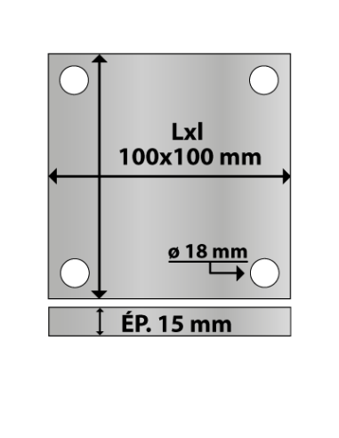 Platine carrée en acier 4 trous 100x100 ép. 15 mm ø trou 18 mm