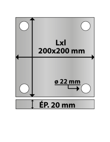 Platine carrée en acier 4 trous 200x200 ép. 20 mm ø trou 22 mm
