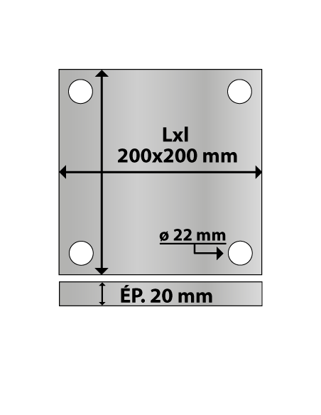 Platine carrée en acier 4 trous 200x200 ép. 20 mm ø trou 22 mm