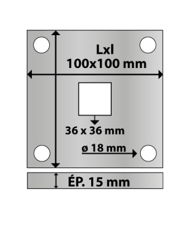 Platine carrée en acier 100x100 mm ép. 15 mm 4 trous 18 mm et trou central carré 36x36 mm
