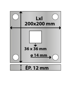 Platine carrée en acier 200x200 mm ép. 12 4 trous 14 mm et trou central carré 36x36 mm 2