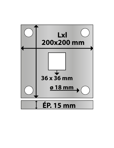 Platine carrée en acier 200x200 mm ép. 15 mm 4 trous 18 mm et trou central carré 36x36 mm
