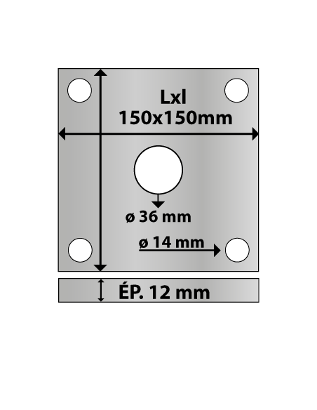 Platine carrée en acier 150x150 mm ép. 12 mm 4 trous 14 mm et trou central rond ø36 mm