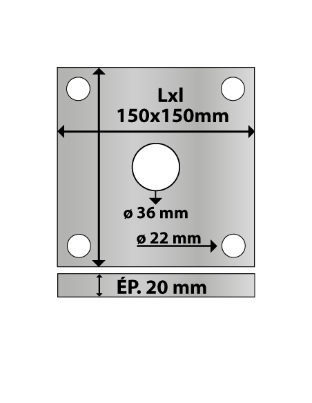 Platine carrée en acier 150x150 mm ép. 20 mm 4 trous 22 mm et trou central rond ø36 mm