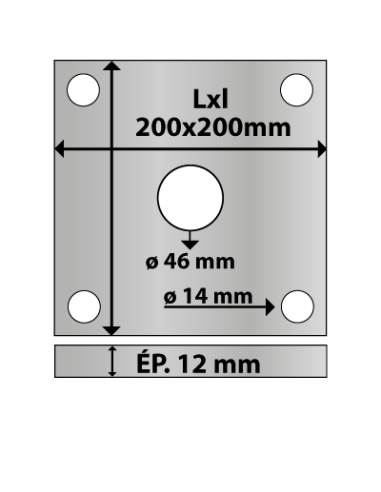 Platine carrée en acier 200x200 mm ép. 12 mm 4 trous 14 mm et trou central rond ø46 mm
