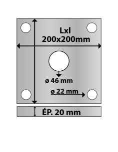 Platine carrée en acier 200x200 mm ép. 20 mm 4 trous 22 mm et trou central rond ø46 mm 2