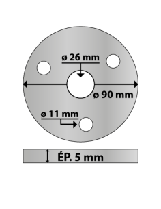 Platine ronde en acier ø 90 mm ép. 5 mm 3 trous 11 mm et trou central rond 26 mm 2