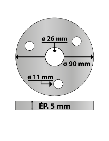 Platine ronde en acier ø 90 mm ép. 5 mm 3 trous 11 mm et trou central rond 26 mm