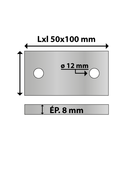 Platine rectangulaire en acier deux trous 50x100 ép. 8 mm ø trou 12 mm